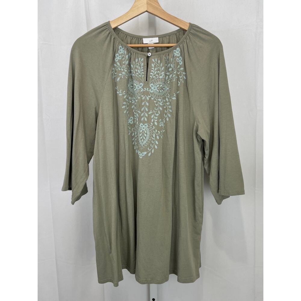 J. JILL Embroidered Flutter Raglan Sleeve Tunic Keyhole Top Green Size L - Picture 9 of 9